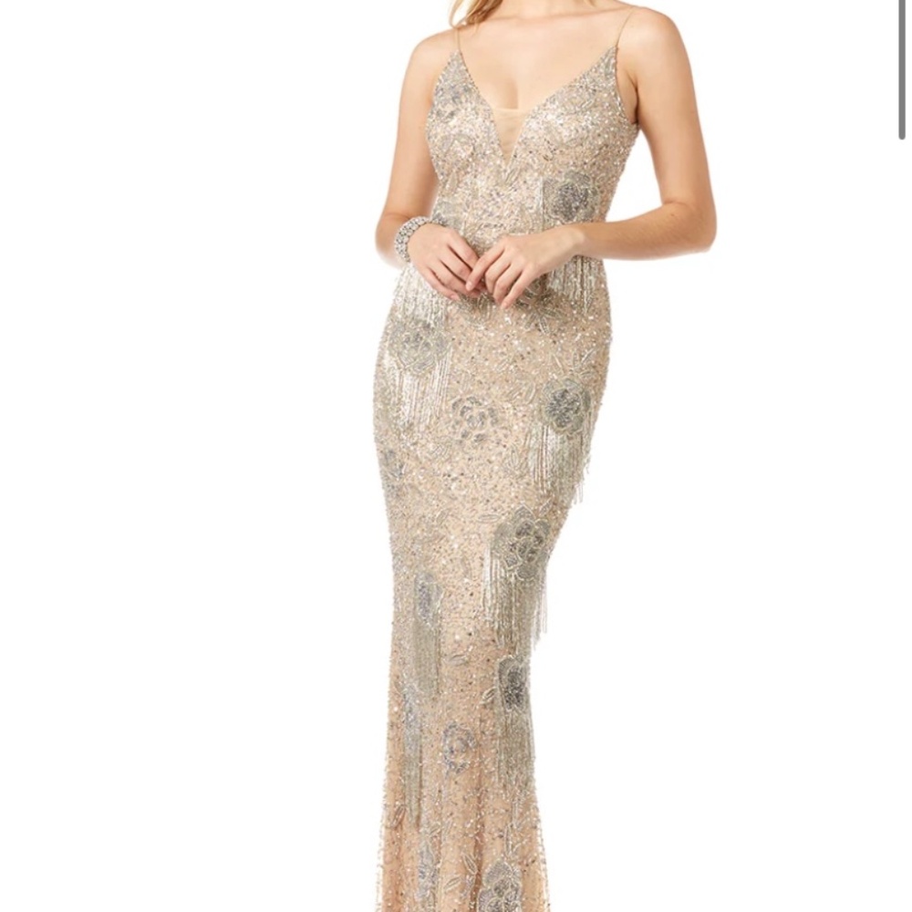 LARA New York Danika Floral Beaded Sheath Beaded Dress with Beaded Fringe